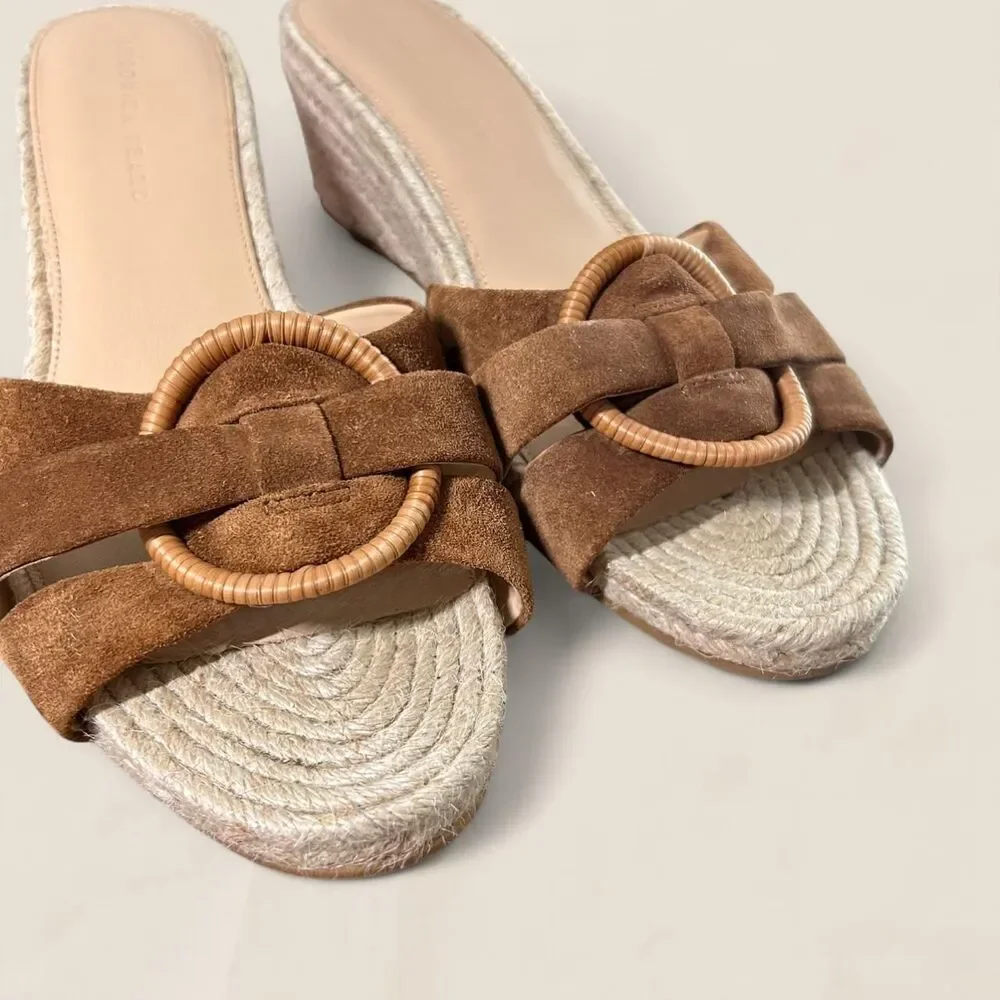 Veronica Beard Ivy Espadrille Wedge Sandal cognac suede raffia buckle size 11
